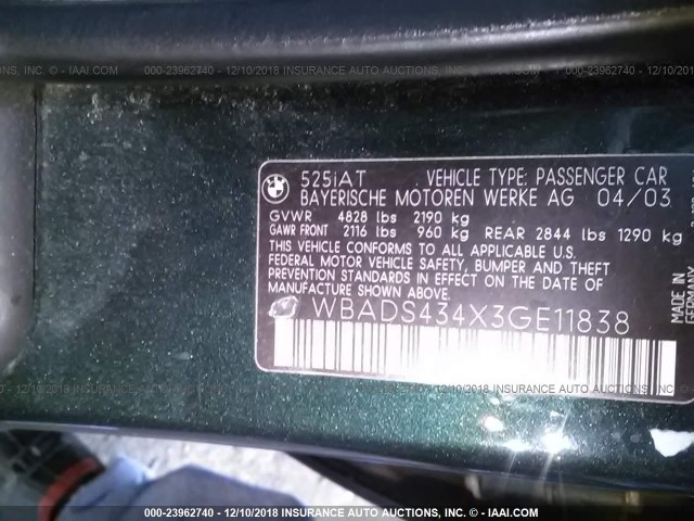 WBADS434X3GE11838 - 2003 BMW 525 IT AUTOMATIC GREEN photo 9