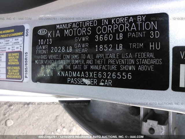 KNADM4A3XE6326556 - 2014 KIA RIO LX SILVER photo 9