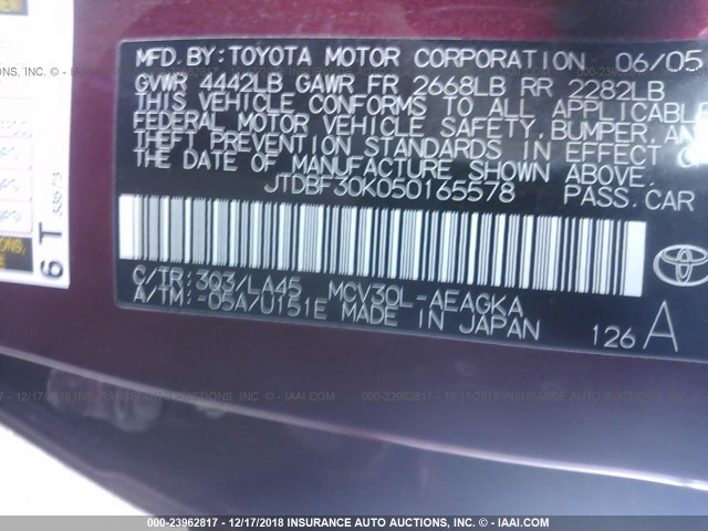 JTDBF30K050165578 - 2005 TOYOTA CAMRY LE/XLE/SE RED photo 9