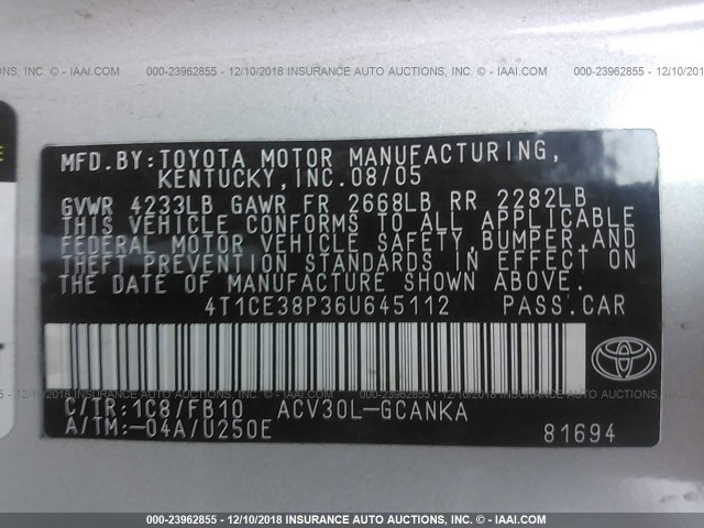 4T1CE38P36U645112 - 2006 TOYOTA CAMRY SOLARA SE/SLE SILVER photo 9