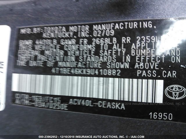 4T1BE46KX9U410882 - 2009 TOYOTA CAMRY SE/LE/XLE GRAY photo 9