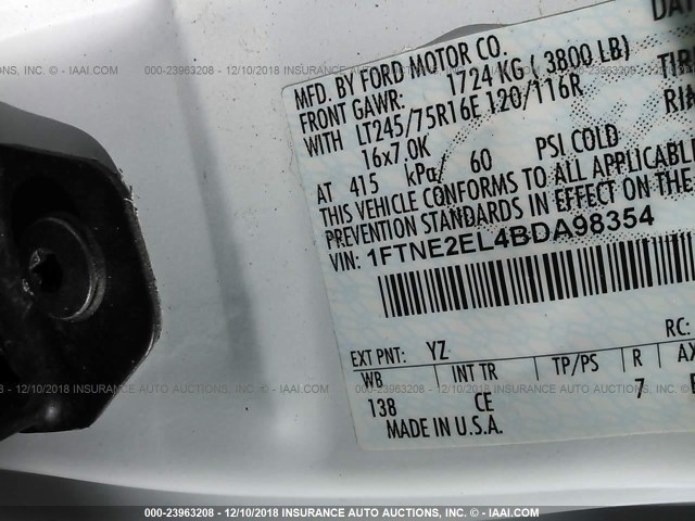 1FTNE2EL4BDA98354 - 2011 FORD ECONOLINE E250 VAN WHITE photo 9