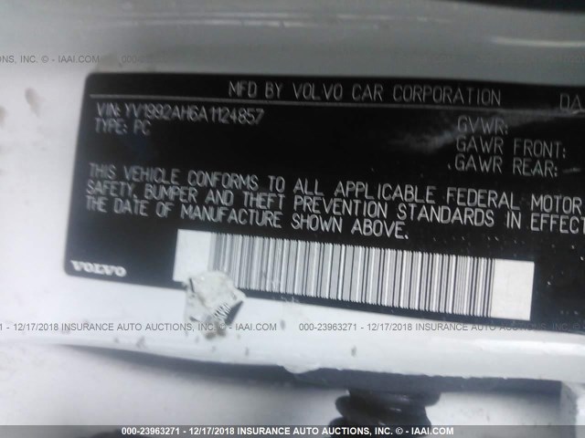 YV1992AH6A1124857 - 2010 VOLVO S80 T6 WHITE photo 9