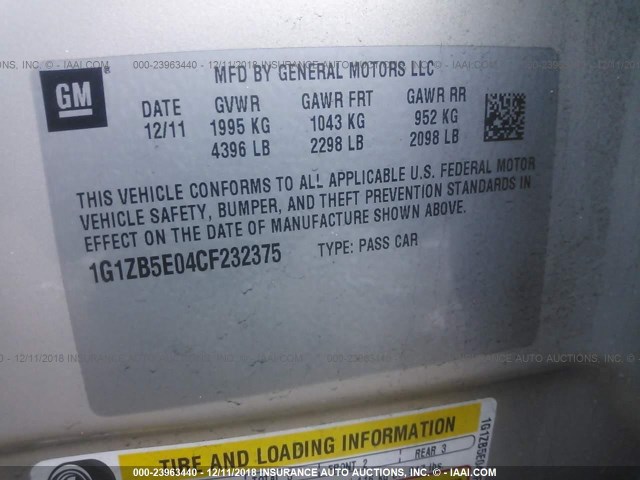 1G1ZB5E04CF232375 - 2012 CHEVROLET MALIBU LS Qızıl foto 9