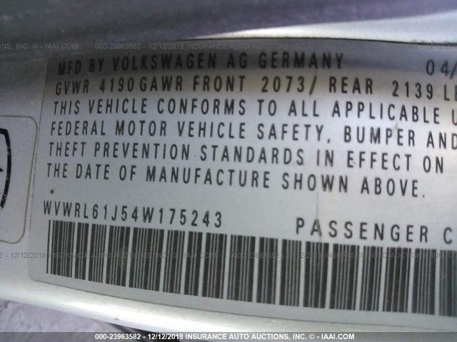 WVWRL61J54W175243 - 2004 VOLKSWAGEN JETTA GL SILVER photo 9