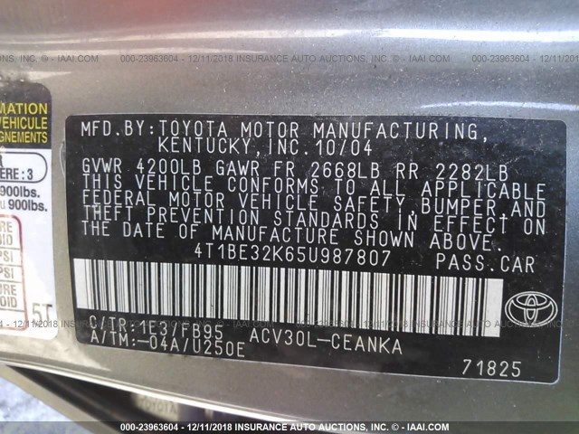 4T1BE32K65U987807 - 2005 TOYOTA CAMRY LE/XLE/SE GRAY photo 9