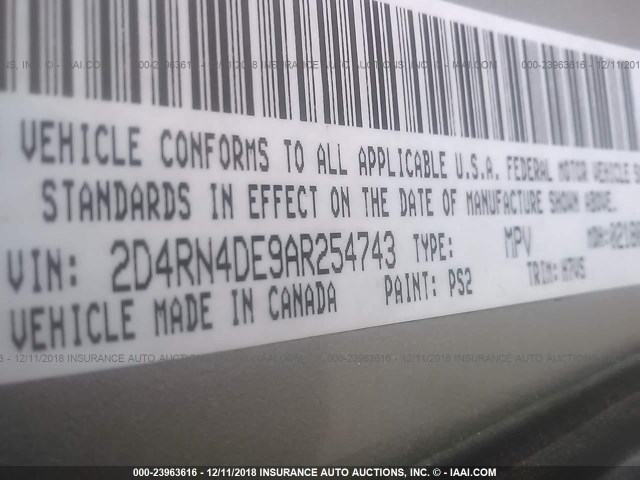 2D4RN4DE9AR254743 - 2010 DODGE GRAND CARAVAN SE GRAY photo 9