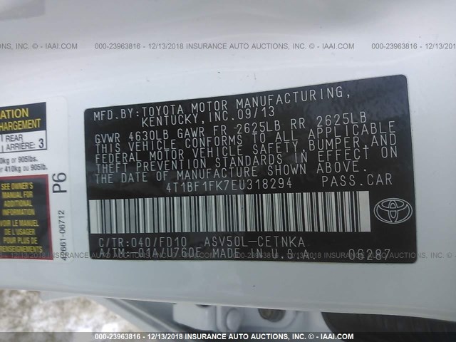 4T1BF1FK7EU318294 - 2014 TOYOTA CAMRY L/SE/LE/XLE 白色 照片 9