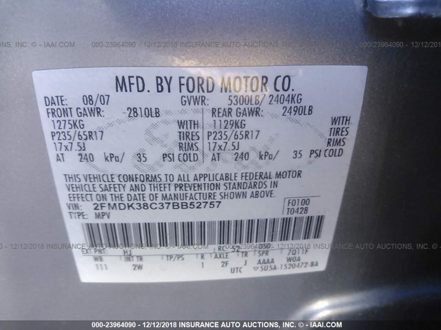 2FMDK38C37BB52757 - 2007 FORD EDGE SEL GRAY photo 9