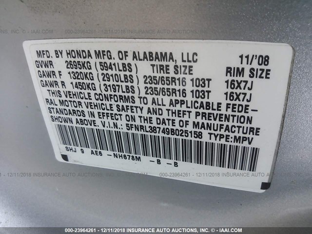 5FNRL38749B025158 - 2009 HONDA ODYSSEY EXL SILVER photo 9