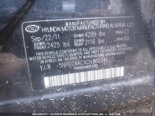 5NPEC4ACXCH380341 - 2012 HYUNDAI SONATA SE/LIMITED Dark Blue photo 9