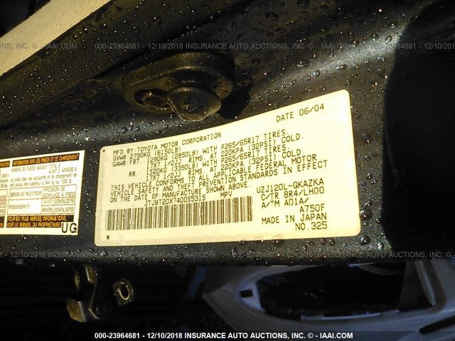 JTJBT20X740055315 - 2004 LEXUS GX 470 BLUE photo 9