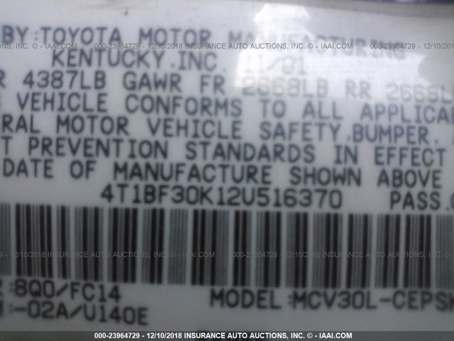 4T1BF30K12U516370 - 2002 TOYOTA CAMRY LE/XLE/SE BLUE photo 9