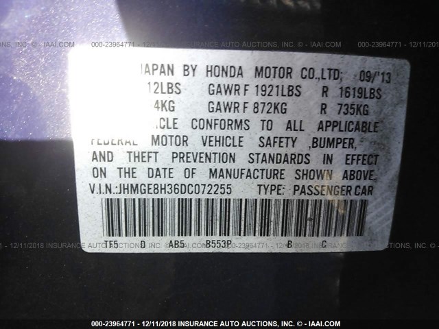 JHMGE8H36DC072255 - 2013 HONDA FIT BLUE photo 9