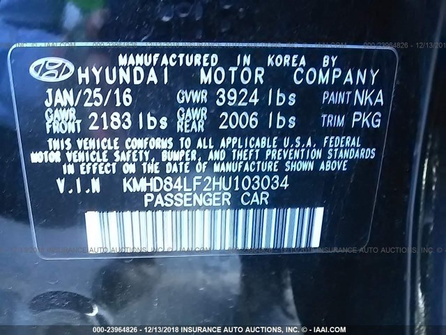 KMHD84LF2HU103034 - 2017 HYUNDAI ELANTRA SE/VALUE/LIMITED BLACK photo 9