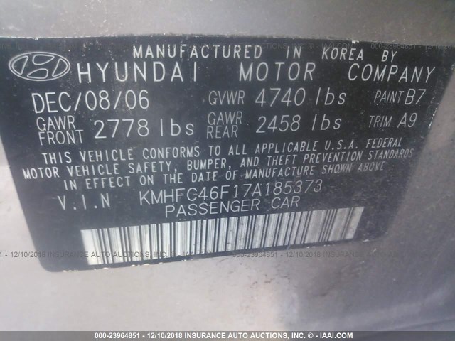 KMHFC46F17A185373 - 2007 HYUNDAI AZERA SE/LIMITED GOLD photo 9