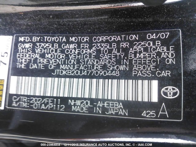 JTDKB20U477090448 - 2007 TOYOTA PRIUS BLACK photo 9