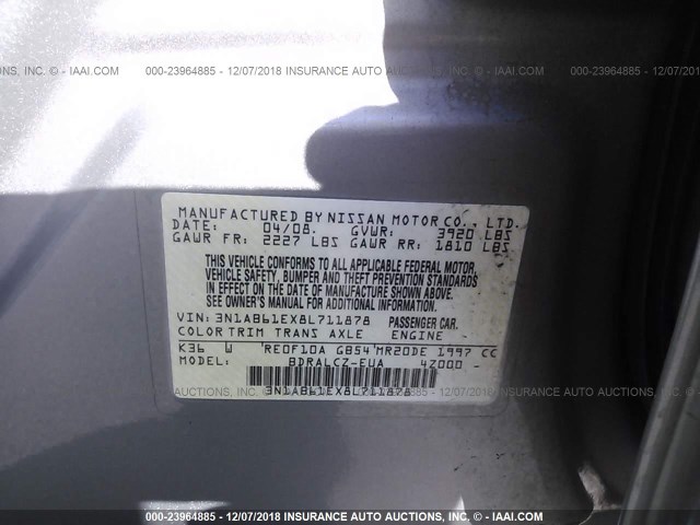 3N1AB61EX8L711878 - 2008 NISSAN SENTRA 2.0/2.0S/2.0SL GRAY photo 9