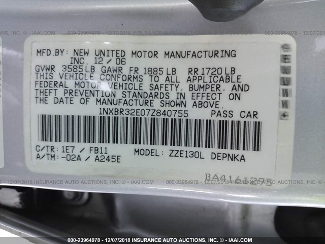 1NXBR32E07Z840755 - 2007 TOYOTA COROLLA CE/LE/S SILVER photo 9