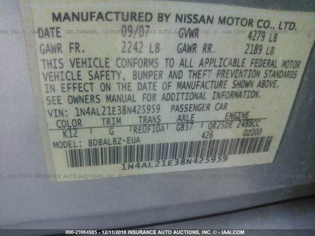 1N4AL21E38N425959 - 2008 NISSAN ALTIMA 2.5/2.5S SILVER photo 9