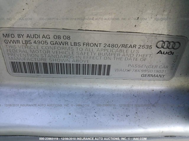 WAUSF78K99N019021 - 2009 AUDI A4 PREMIUM PLUS SILVER photo 9