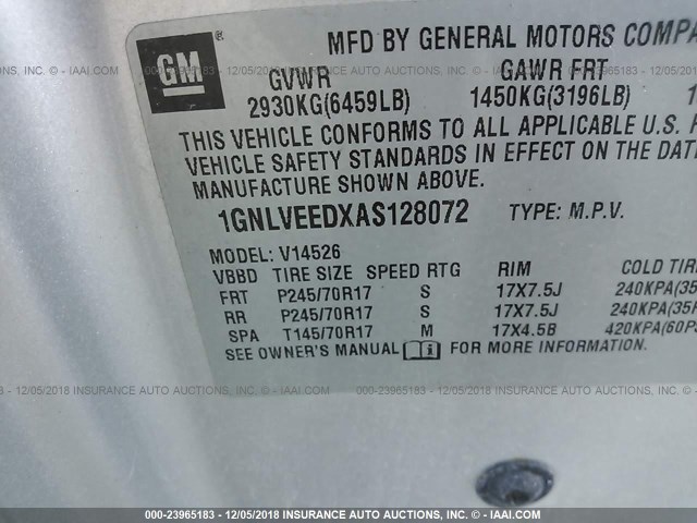 1GNLVEEDXAS128072 - 2010 CHEVROLET TRAVERSE LS SILVER photo 9