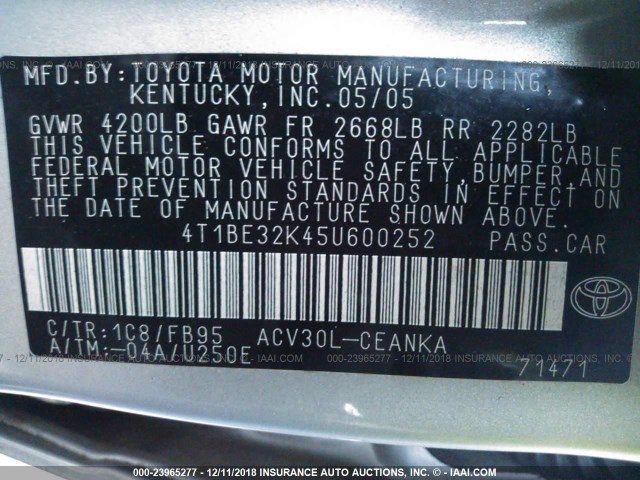 4T1BE32K45U600252 - 2005 TOYOTA CAMRY LE/XLE/SE SILVER photo 9