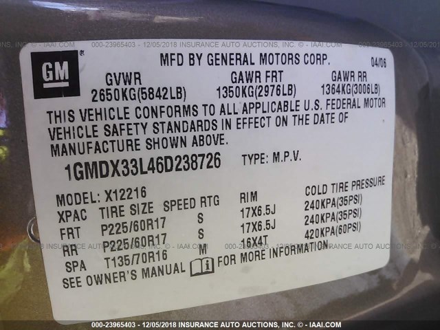 1GMDX33L46D238726 - 2006 PONTIAC MONTANA SV6 TAN photo 9