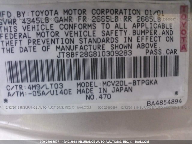 JT8BF28G810309283 - 2001 LEXUS ES 300 GOLD photo 9