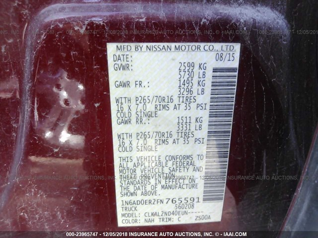 1N6AD0ER2FN765591 - 2015 NISSAN FRONTIER MAROON photo 9