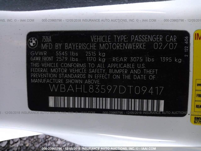 WBAHL83597DT09417 - 2007 BMW 750 I WHITE photo 9