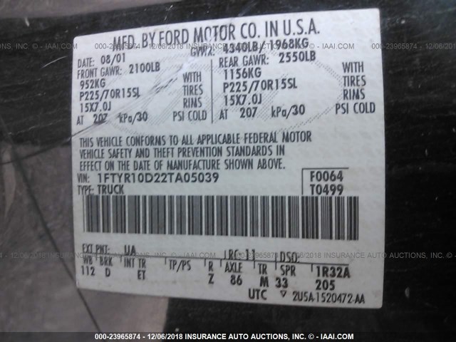 1FTYR10D22TA05039 - 2002 FORD RANGER BLACK photo 9