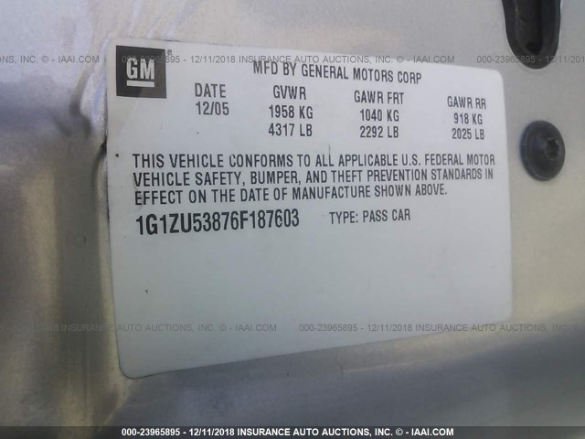 1G1ZU53876F187603 - 2006 CHEVROLET MALIBU LTZ SILVER photo 9