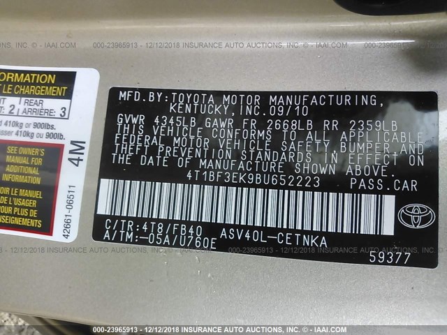 4T1BF3EK9BU652223 - 2011 TOYOTA CAMRY SE/LE/XLE 金色 照片 9