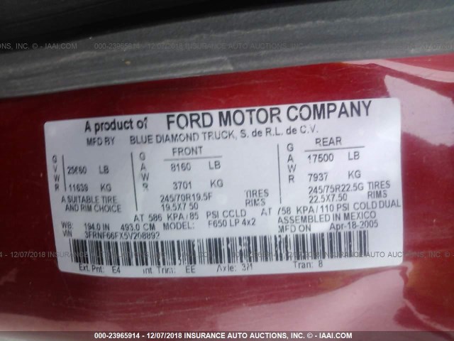 3FRNF66FX5V208892 - 2005 FORD F650 SUPER DUTY RED photo 9