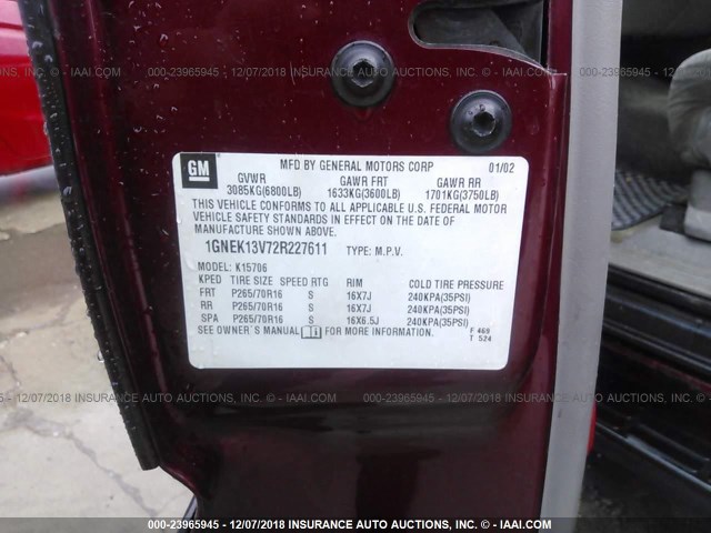 1GNEK13V72R227611 - 2002 CHEVROLET TAHOE K1500 MAROON photo 9