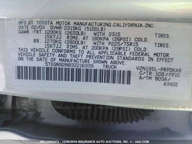 5TEGN92N83Z216339 - 2003 TOYOTA TACOMA DOUBLE CAB PRERUNNER SILVER photo 9