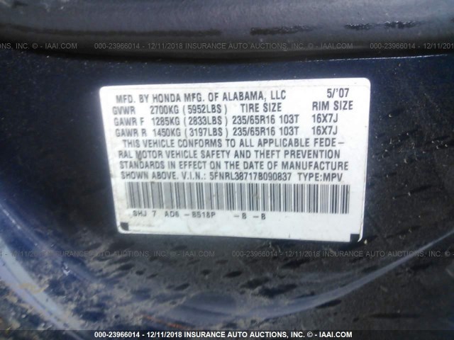 5FNRL38717B090837 - 2007 HONDA ODYSSEY EXL BLUE photo 9