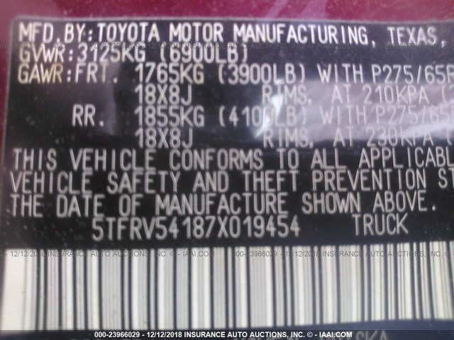 5TFRV54187X019454 - 2007 TOYOTA TUNDRA DOUBLE CAB SR5 MAROON photo 9