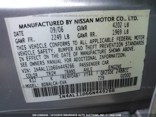 1N4AL11D66N449266 - 2006 NISSAN ALTIMA S/SL SILVER photo 9