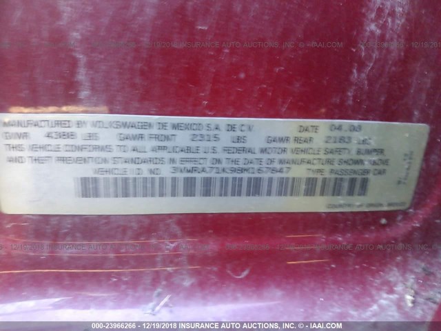 3VWRA71K98M167847 - 2008 VOLKSWAGEN JETTA WOLFSBURG 红色 照片 9