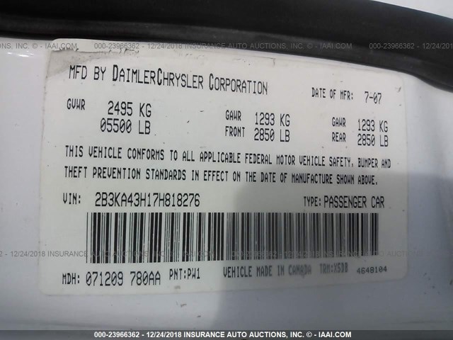 2B3KA43H17H818276 - 2007 DODGE CHARGER SE/SXT WHITE photo 9