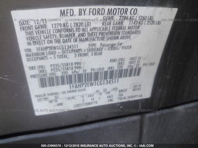 1FAHP2EW1CG134511 - 2012 FORD TAURUS SEL GRAY photo 9