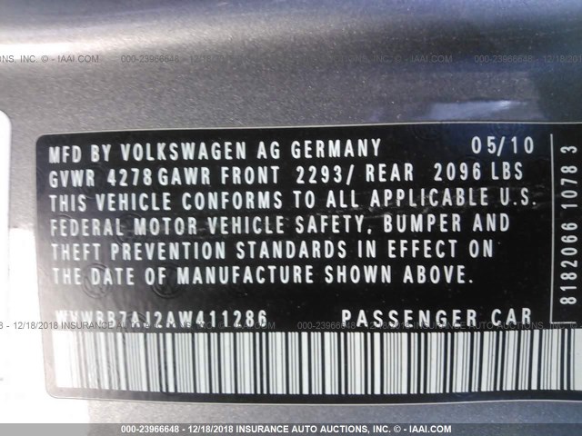 WVWBB7AJ2AW411286 - 2010 VOLKSWAGEN GOLF 灰色 照片 9