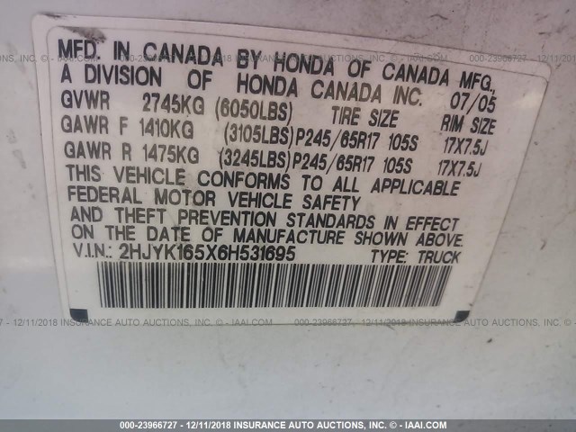 2HJYK165X6H531695 - 2006 HONDA RIDGELINE RTL WHITE photo 9