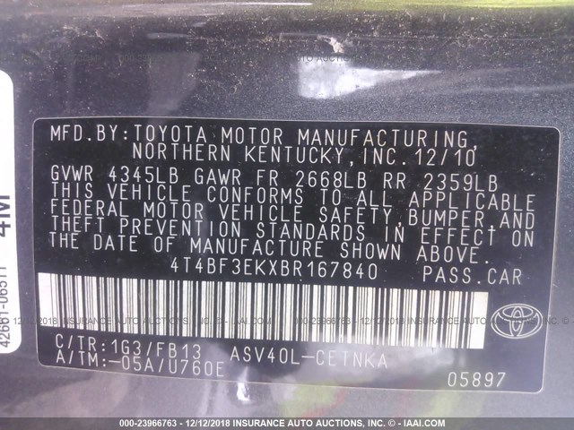 4T4BF3EKXBR167840 - 2011 TOYOTA CAMRY SE/LE/XLE 灰色 照片 9