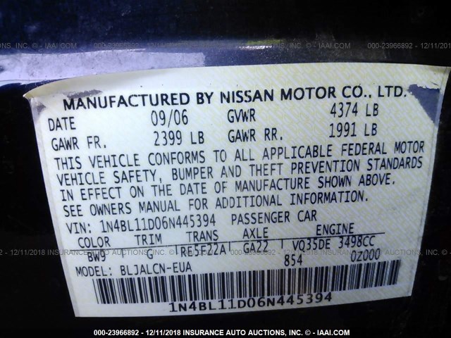 1N4BL11D06N445394 - 2006 NISSAN ALTIMA SE/SL/SE-R BLUE photo 9