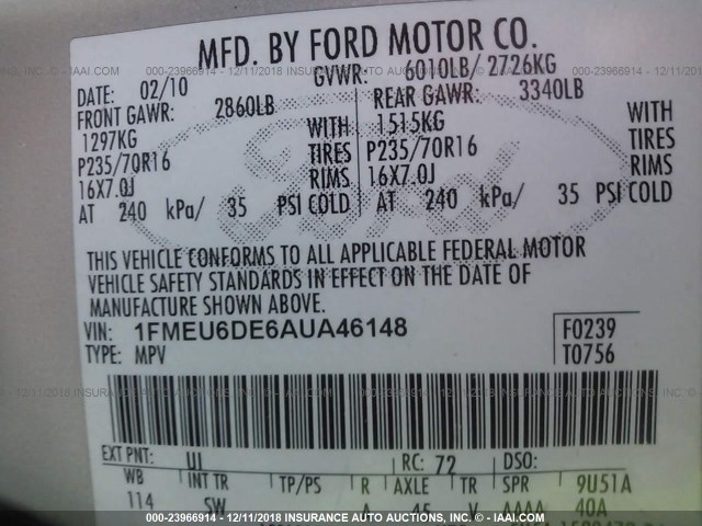 1FMEU6DE6AUA46148 - 2010 FORD EXPLORER XLT SILVER photo 9