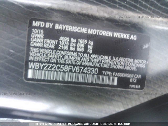 WBY2Z2C58FV674330 - 2015 BMW I8 SILVER photo 9