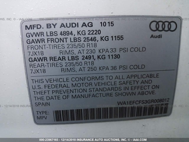 WA1EFCFS3GR008012 - 2016 AUDI Q3 PREMIUM PLUS WHITE photo 9